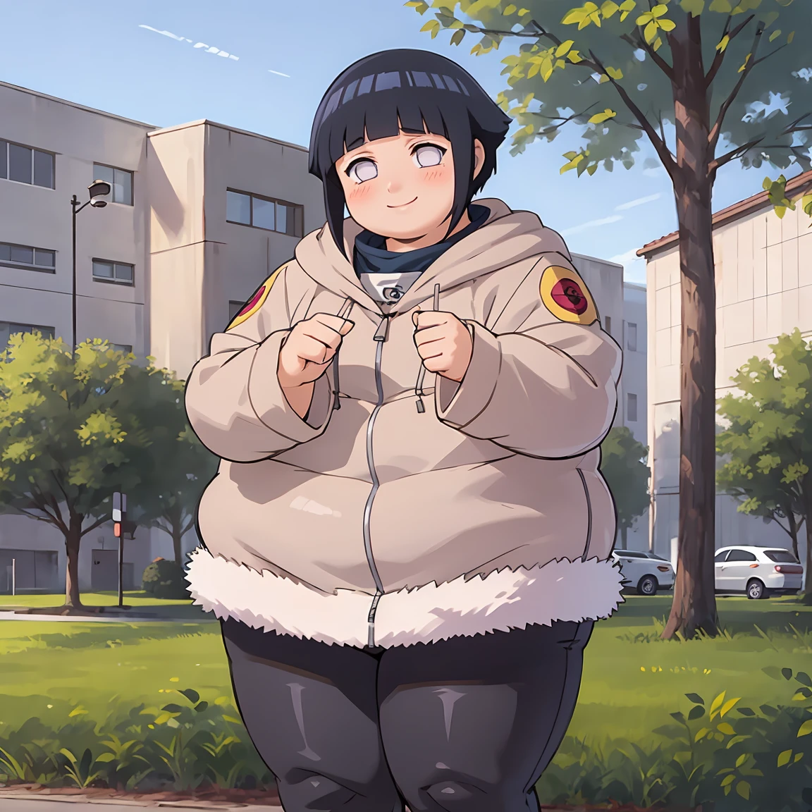 standing, shy, smile, blush, solo, 1girl, obese hyuuga hinata, thick thighs, perfect body, black hair, short hair, white eyes, no pupils, small breats, black pants, jacket, hands in cheeks, ultra detailed, masterpiece, best quality, aesthetic, detailed