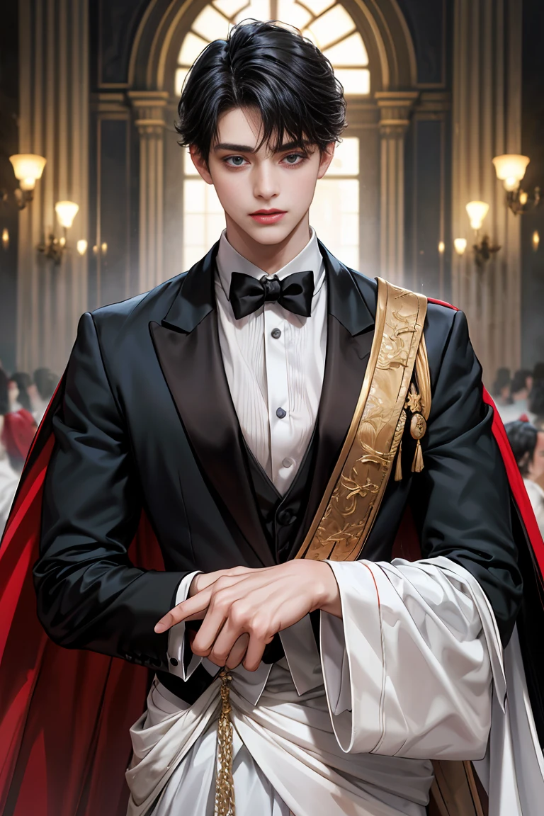masterpiece, 最high quality, high quality, 1 boy, alone, Male focus, Watching the audience, Messy black hair, Adorable big blue eyes, White, Noble, Noble, Tuxedo、A very voluminous, large, very large, very large, long, long red and black cape made with a lot of fabric that reaches down to the floor, with a three-dimensional stand-up collar that is higher than the face., 17 years old,Cute beautiful boys,Cute, cute, kind, handsome guy