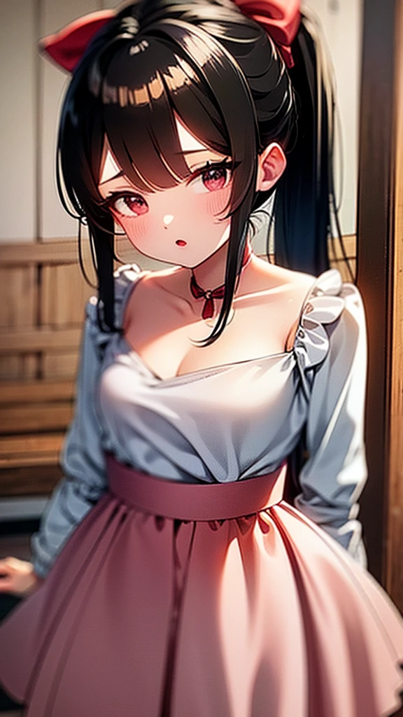 adulto, Cabello negro ondulado, mirada penetrante con ojos profundos de color rojo, estatura promedio, Silky hair with a ponytail hairstyle collected with a red bow with two white lines, tiene pechos medianos, primer plano, session, standing in the middle of his room [[[Risa malvada]]] , Sonrojada, muslos grandes, maid, sirvienta  