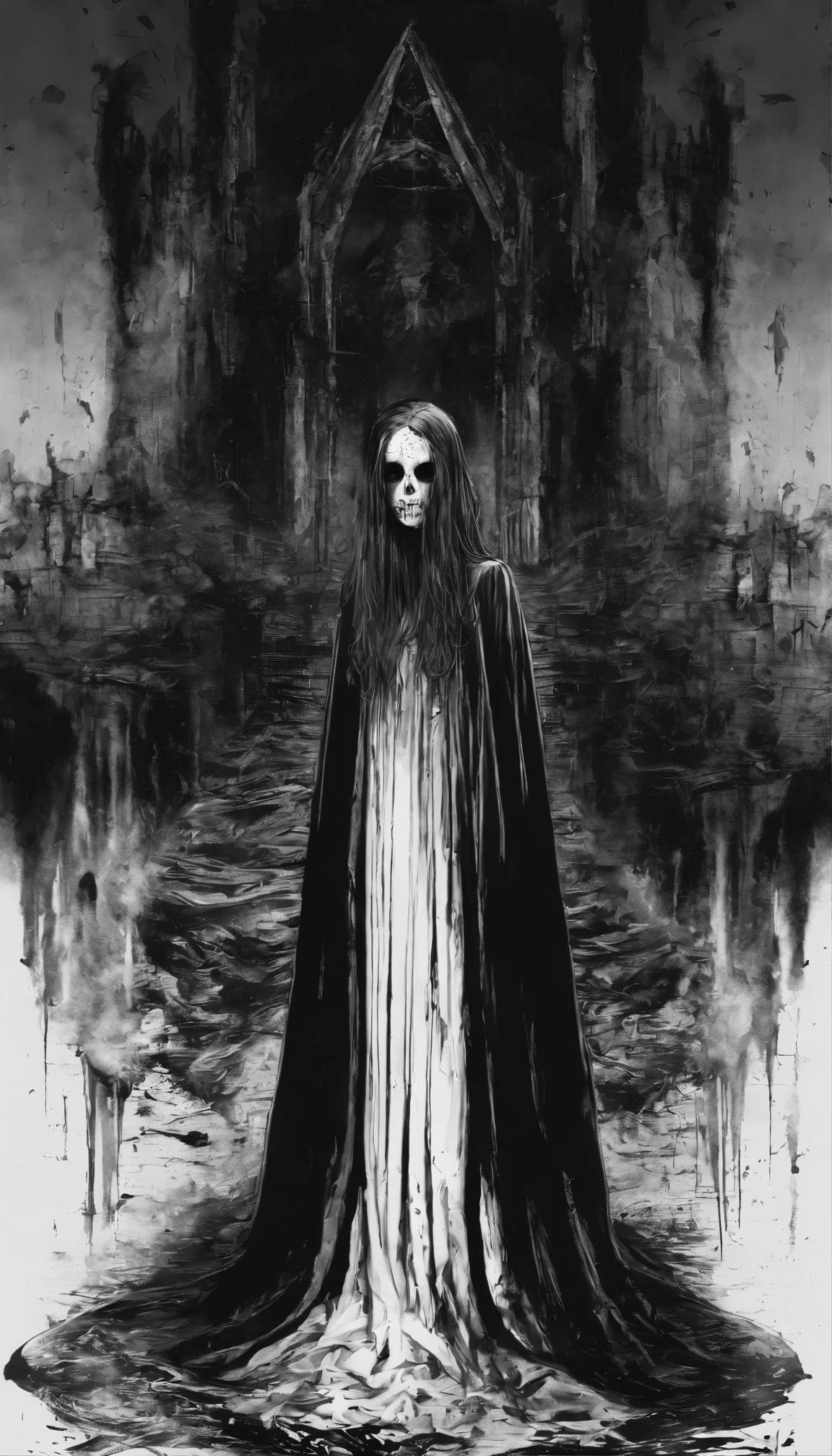 A girl wearing a black cloak that completely covers her face, In the darkness, in the shadows, all I can see is a red light that resembles her eyes.. She is wearing stained, dirty, And a tattered white dress. The setting is chaotic, dark, And desolate, In an empty place with no one around, Except for the girl standing there, Look into your eyes.