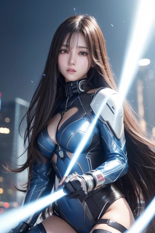 High resolution、8k、Digital Cyberpunk Art、Brown medium-long hair、Shiny metallic、(Wearing a blue powered suit with white LED lights)、(A devastated battlefield)、Japanese Girls、( wariza)