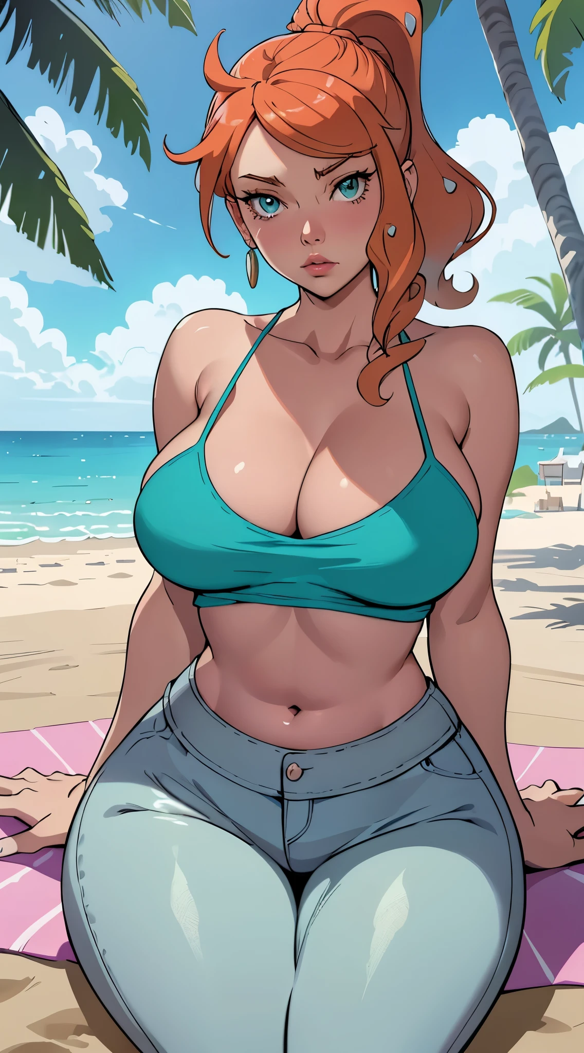 woman with large breasts, sexy body, cleavage, navel, laying down on towel, view from top, ((camisole)), Sonia from pokemon, high quality fanart, unparalleled masterpiece, tight pants, ultra realistic 8k CG, perfect artwork, (1girl:1.1), solo, (teasing), best quality:1.1, (beautiful), earrings, jewelry, (hdr), tropical paradise, beach, beach umbrella, towel