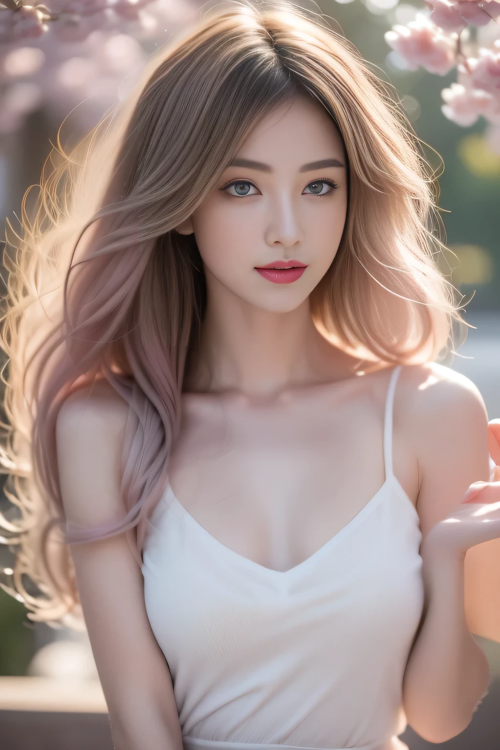 hair bobbles, wince, longeyelashes, solid circle eyes, light smile, ear blush, fang, ccurate, Surrealism, drop shadow, anaglyph, stereogram, tachi-e, pov, atmospheric perspective, 8k, super detail, best quality, award winning, super detail, anatomically correct, UHD, retina, masterpiece, textured skin, high details, best quality, highres, high quality, accurate,(1 girl:1.3), Solitary, (((Very rich facial details))),((Very detailed eyes and face))),(Full body portrait:1.5)Light pink hair, pink eyes, pink and white, Sakura Leaves, Vibrant colors, White Dress, Paint splatter, Simple background, Ray tracing, curls