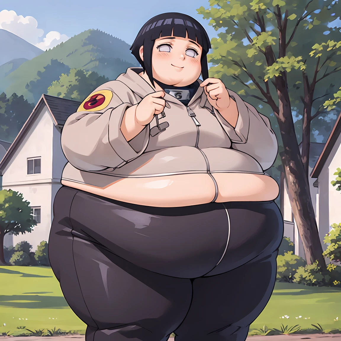 standing, shy, smile, blush, solo, 1girl, obese hyuuga hinata, thick thighs, perfect obese body, black hair, short hair, white eyes, no pupils, small breats, black pants, jacket, hands in face, ultra detailed, masterpiece, best quality, aesthetic, detailed, village background