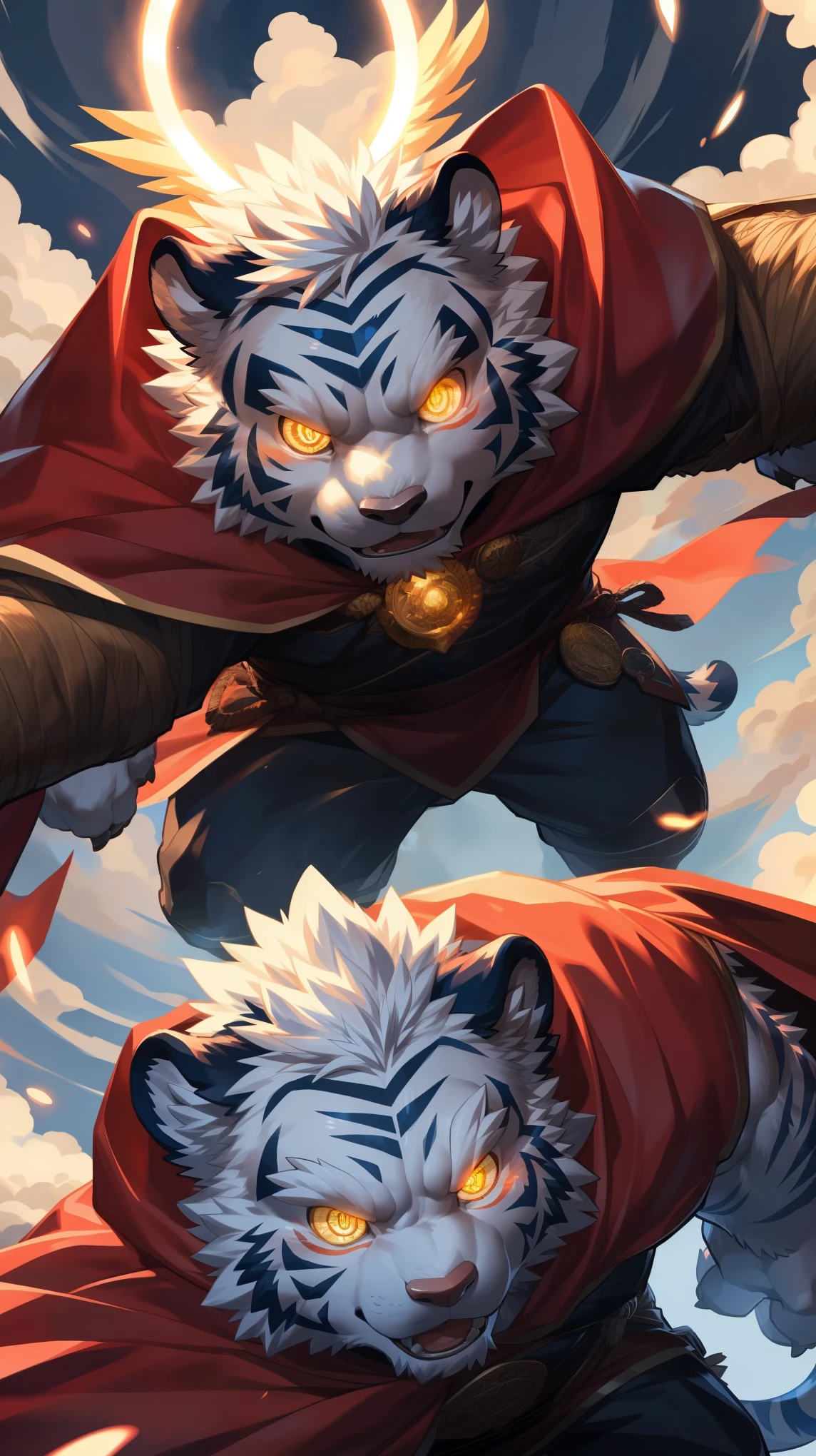 (Dynamic poses:1.6), (ultra deTailed), Clear focus, Niji, Eye contact, (glowing golden pupils:1.4), hairy, (Light fur:1.3), White beard, anthropology (Tiger), male, middle aged, White belly, Tail, muscular, (knight clothing, Cherry red long cape), ultra deTailed face, high deTails, high quality, (best quality, 4k, 8K, High resolution, masterpiece:1.2), Bright colors, (close up:1.5), author：Takemoto Arashi, By Camille, From milkytiger1145, by 69panda, Dark Souls boss style, Energy explodes around the body, (Golden Halo:1.3), Bloodstained, Dynamic Lighting, Ominous atmosphere, Eerie fog, The existence of threats, Full of horror atmosphere, Dark and Tortured Souls, (enchanted deTail of colors), 8K wallpaper, yang08K, Looking at the audience with fierce eyes