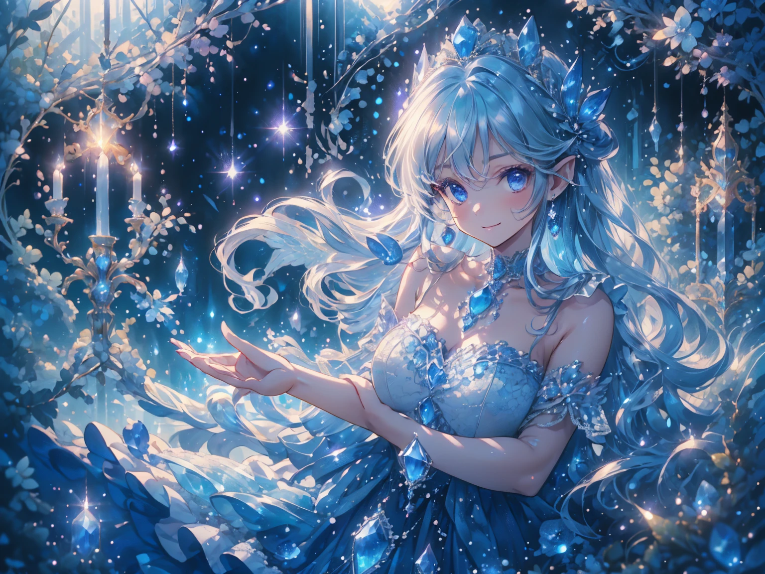 (masterpiece, very detailed, exquisite, beautiful, Full HD, High resolution, confused), soft edge, soft lines, woman, charming princess, goblin, Happy, fun, smile, looking at the viewer, wavy hair, medium hair, Big eyes, white skin, beautiful breasts, slim, sapphire crown, sapphire earrings, sapphire choker, with wings, white background, Objects with a sapphire motif,from before, dynamic angle, dazzling light, dramatic lighting, warm lighting, soft lighting, written boundary depth, fantasy, beautiful, dreamy atmosphere, (white and light blue ball gown dress:1.1, pure white lace and frills,sapphire motif dress), light blue hair, purple eyes