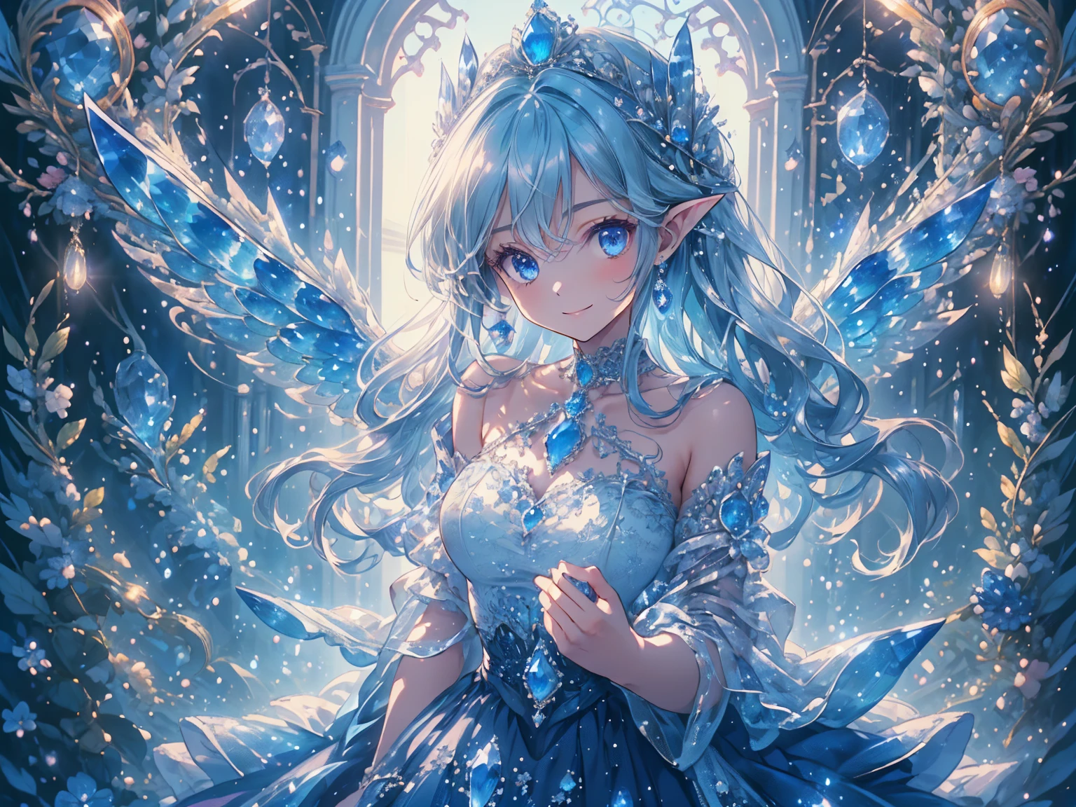 (masterpiece, very detailed, exquisite, beautiful, Full HD, High resolution, confused), soft edge, soft lines, woman, charming princess, goblin, Happy, fun, smile, looking at the viewer, wavy hair, medium hair, Big eyes, white skin, beautiful breasts, slim, sapphire crown, sapphire earrings, sapphire choker, with wings, white background, Objects with a sapphire motif,from before, dynamic angle, dazzling light, dramatic lighting, warm lighting, soft lighting, written boundary depth, fantasy, beautiful, dreamy atmosphere, (white and light blue ball gown dress:1.1, pure white lace and frills,sapphire motif dress), light blue hair, purple eyes