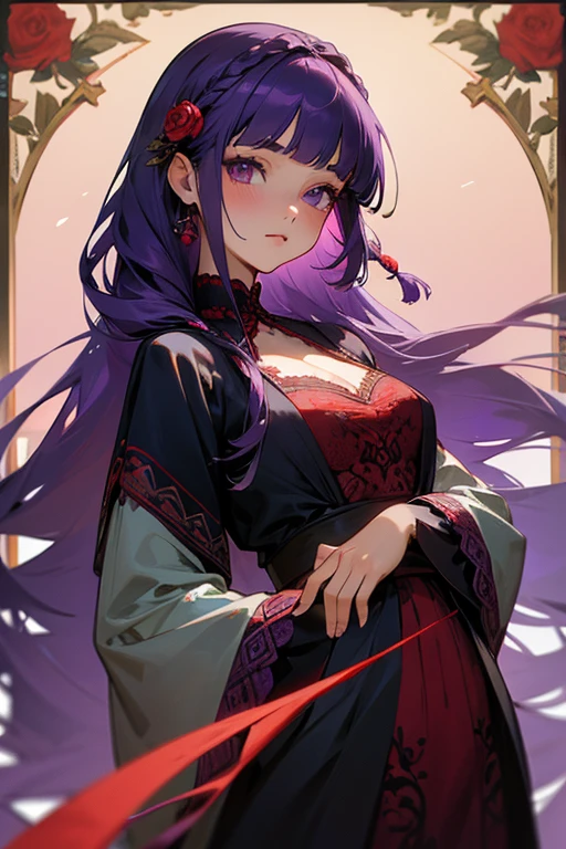 Face close-up、1 girl, Blunt bangs, Braiding, Wide sleeves, hair ornaments,Red and navy lace、(Purple Hair:1.2), Very long hair, Straight hair, Looking at the audience, Highly detailed background, (Realistic:1.2), Beautiful Eyes, Red eyeshadow, Written boundary depth，thigh, (Ulzzang-6500:0.7), Upper Body, (alone:1.2), Cleavage, Shiny skin、Hair blowing in the wind、Four fingers, One thumb、Rose、Floral pattern on clothes、drink alcohol、Keep your hands on your hips、Face close-up、close、Stick your butt out！