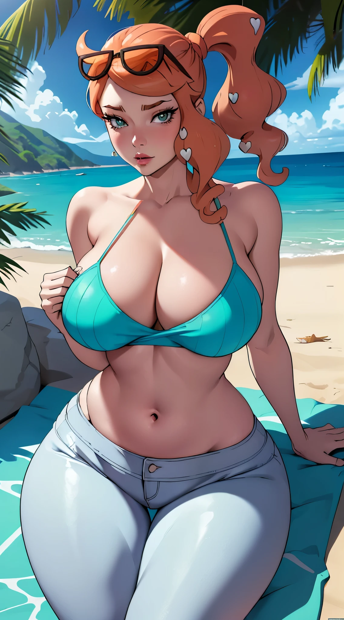 woman with perfect huge breasts, sexy body, cleavage, navel, laying down on towel, view from top, ((camisole)), Sonia from pokemon, high quality fanart, unparalleled masterpiece, tight pants, ultra realistic 8k CG, perfect artwork, (1girl:1.1), solo, (teasing), best quality:1.1, (beautiful), earrings, jewelry, (hdr), tropical paradise, beach, beach umbrella, towel