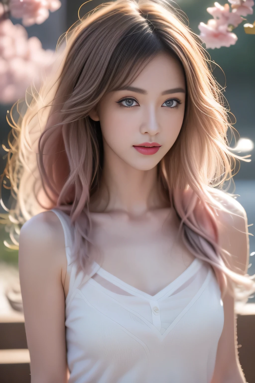 hair bobbles, wince, longeyelashes, solid circle eyes, light smile, ear blush, fang, ccurate, Surrealism, drop shadow, anaglyph, stereogram, tachi-e, pov, atmospheric perspective, 8k, super detail, best quality, award winning, super detail, anatomically correct, UHD, retina, masterpiece, textured skin, high details, best quality, highres, high quality, accurate,(1 girl:1.3), Solitary, (((Very rich facial details))),((Very detailed eyes and face))),(Full body portrait:1.5)Light pink hair, pink eyes, pink and white, Sakura Leaves, Vibrant colors, White Dress, Paint splatter, Simple background, Ray tracing, curls