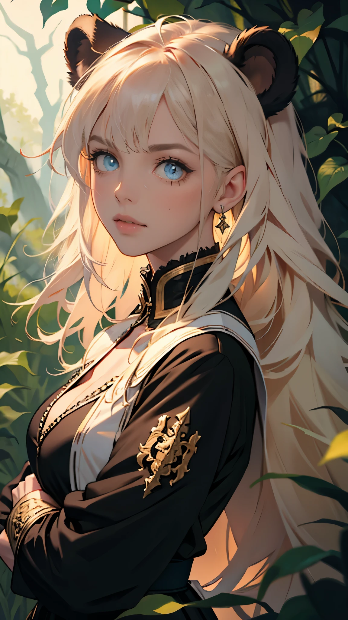 masterpiece, ultra detailed, 8K Portrait, Raw photo, a portrait photo of girl, Highly detailed face, beautiful and meticulous eyes, ((Fantasy)), little bear, animal, Midday Sun, Hyper realistic, in a medieval forest, Ambient lighting, Shadow details , strong breeze, Light fog