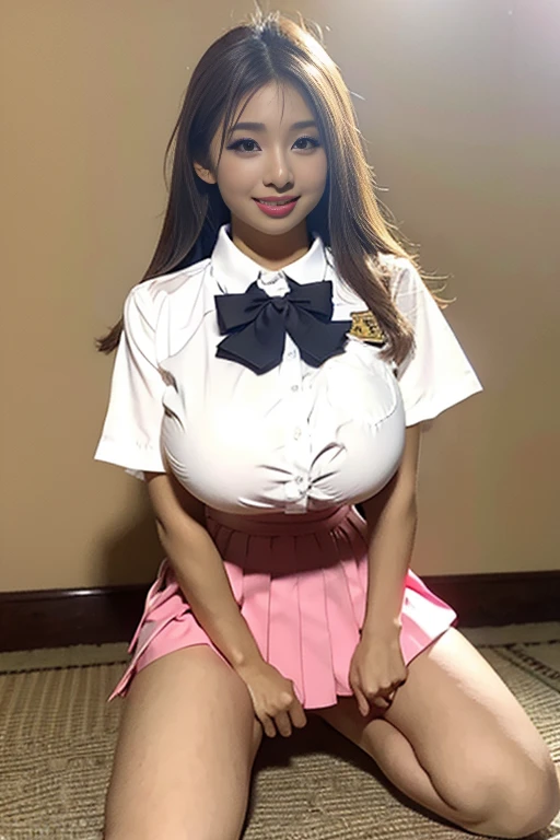 Super huge breasts, Gyaru, ditail lips, pink lips, long hair, cleavage of breasts, smile, beautiful asian girl, short skirt, gal, shining skin, brown hair, dark skin, tanned skin, brown skin, gigantic breasts, JK , hi-school girl, school student uniform, muscular, muscular legs, shining legs, chest bulge, 1 girl, heavy makeup, glowy skin