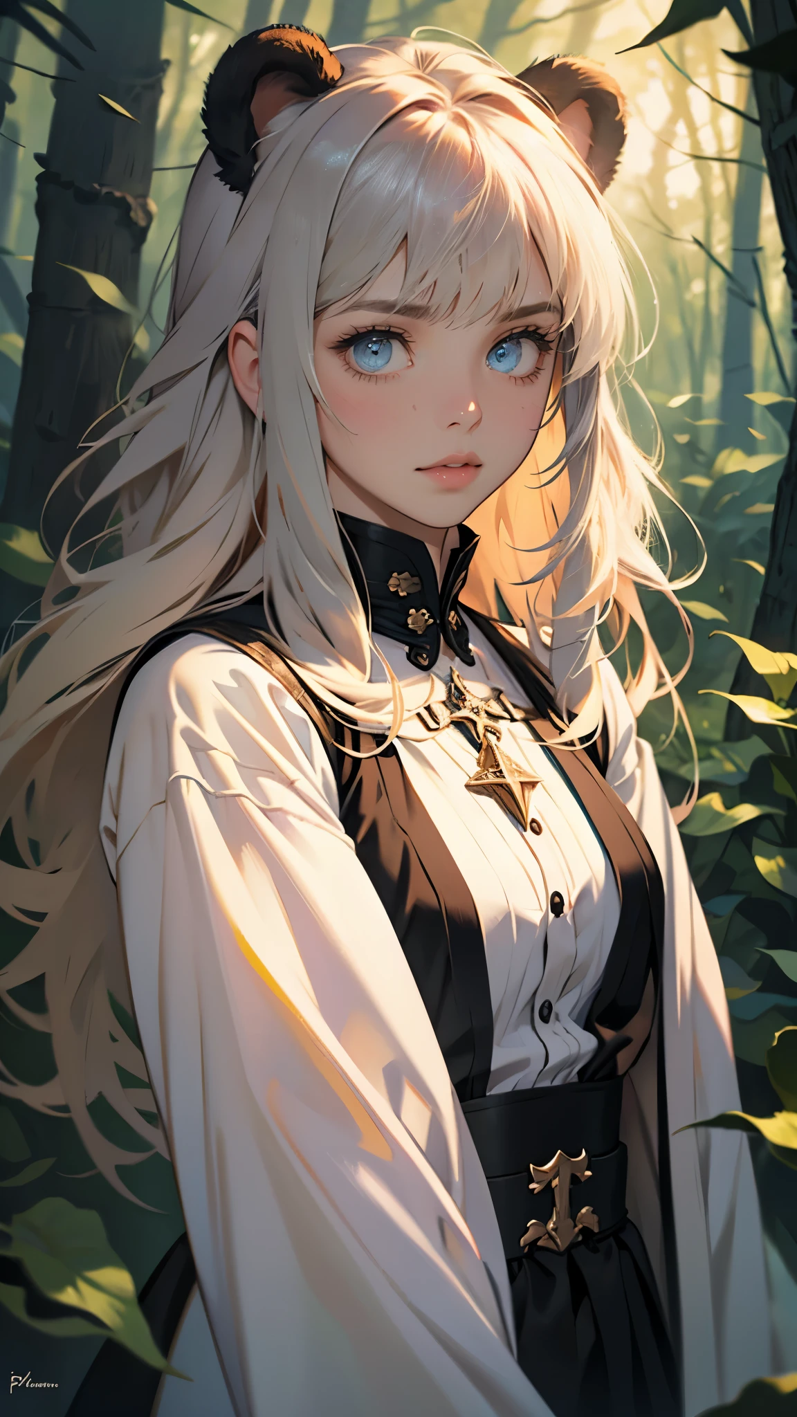 masterpiece, ultra detailed, 8K Portrait, Raw photo, a portrait photo of girl, Highly detailed face, beautiful and meticulous eyes, ((Fantasy)), little bear, animal, Midday Sun, Hyper realistic, in a medieval forest, Ambient lighting, Shadow details , strong breeze, Light fog