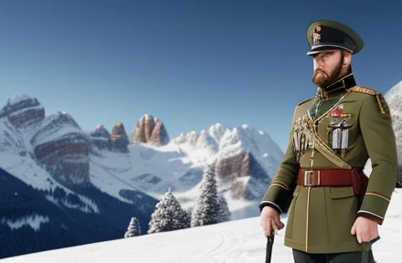 A gallant Austrian Alpine soldier braves the cold and perilous Dolomites, standing tall amidst the snow-capped mountains. Clad in his traditional uniform, he exudes a strong and resilient demeanor. His beard, frost-tipped, frames a ruggedly handsome face, framed by short, neatly trimmed, dark brown hair. The crisp, snowy landscape contrasts starkly against the rich green and brown of his uniform. In his hand, he clutches a rifle, poised and ready for battle. The setting sun casts a warm, golden light over the scene, highlighting the soldier's chiseled jawline and piercing