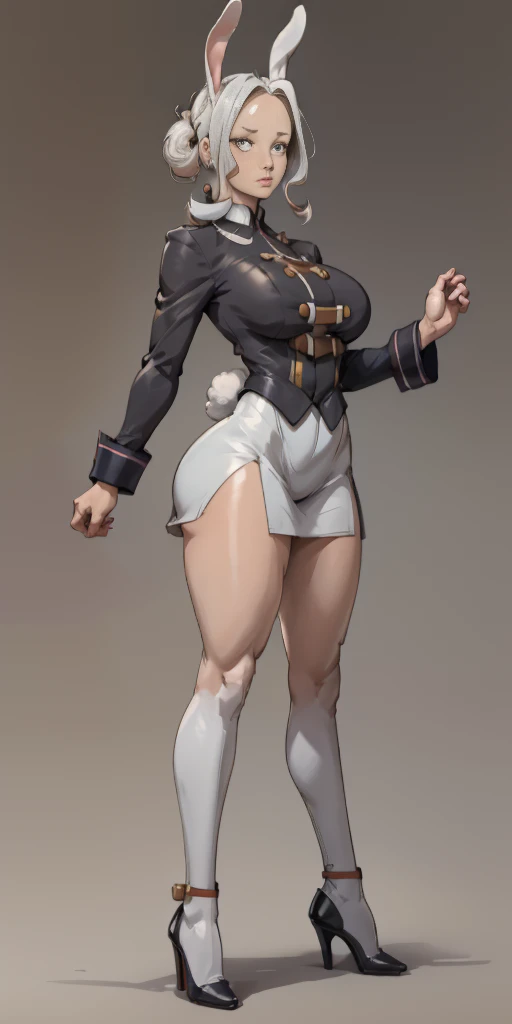 (Masterpiece, plain background:1.2) 1sologirl standing straightforward symmetrical wearing only whitish heels 👠 silver white hair 😍 👌 😀 ✨️ ♥️ ❤️pupils eyes symbol, long red fluffy bunny ears, luna konosuba