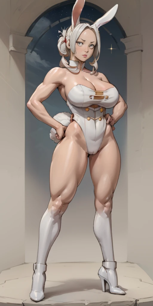 (Masterpiece, plain background:1.2) 1sologirl standing straightforward symmetrical wearing only whitish heels 👠 silver white hair 😍 👌 😀 ✨️ ♥️ ❤️pupils eyes symbol, long red fluffy bunny ears, luna konosuba