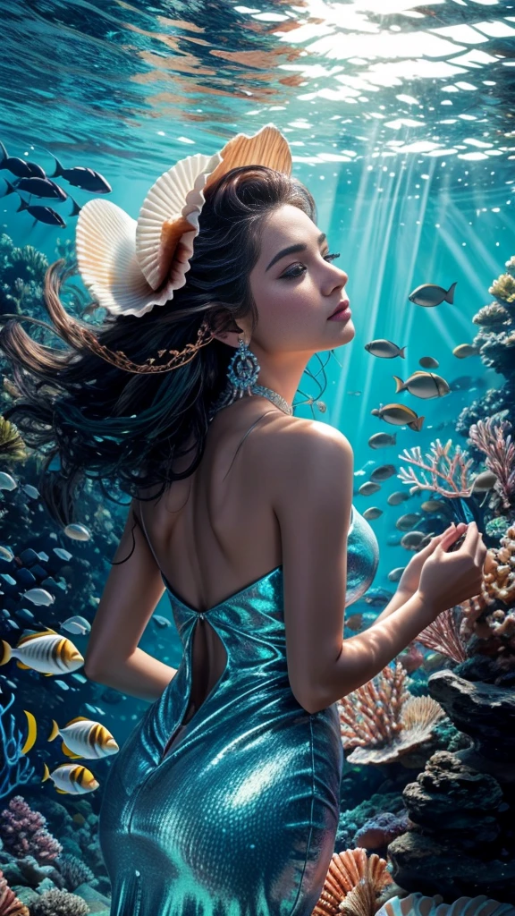 (RAW shooting, 32k:1.5, highest quality, masterpiece, Ultra-high resolution), (deep sea:1.0, Dramatic moonlight:0.7, Mysterious underwater world:1.3, Expressions of sadness:1.0), Side Shot, Fractal Art:1.3, Perfect dynamic composition:1.3, Very detailedな肌と顔の質感:1.2, Dynamic flow of water waves:1.3, Beautiful shell and coral decoration, Surrounded by lots of colorful fish, Rich underwater vegetation, (The subject is being viewed from a distance:1.3, Slim mermaid figure:1.0, Shimmering Scales, Mermaid tail:0.5), elegant and sophisticated, Fair skin, Incredibly slim body:0.8, Very beautiful face, Water droplets on the skin, Very accurate, Very detailed, Gorgeous blue shiny mermaid dress portrait:0.8, Big eyes that exude beauty, Beautiful big lips,, Unreal atmosphere, necklace, Earrings, bracelet