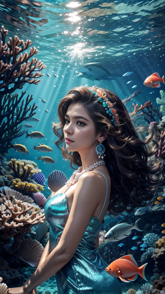 (RAW shooting, 32k:1.5, highest quality, masterpiece, Ultra-high resolution), (deep sea:1.0, Dramatic moonlight:0.7, Mysterious underwater world:1.3, Expressions of sadness:1.0), Side Shot, Fractal Art:1.3, Perfect dynamic composition:1.3, Very detailedな肌と顔の質感:1.2, Dynamic flow of water waves:1.3, Beautiful shell and coral decoration, Surrounded by lots of colorful fish, Rich underwater vegetation, (The subject is being viewed from a distance:1.3, Slim mermaid figure:1.0, Shimmering Scales, Mermaid tail:0.5), elegant and sophisticated, Fair skin, Incredibly slim body:0.8, Very beautiful face, Water droplets on the skin, Very accurate, Very detailed, Gorgeous blue shiny mermaid dress portrait:0.8, Big eyes that exude beauty, Beautiful big lips,, Unreal atmosphere, necklace, Earrings, bracelet