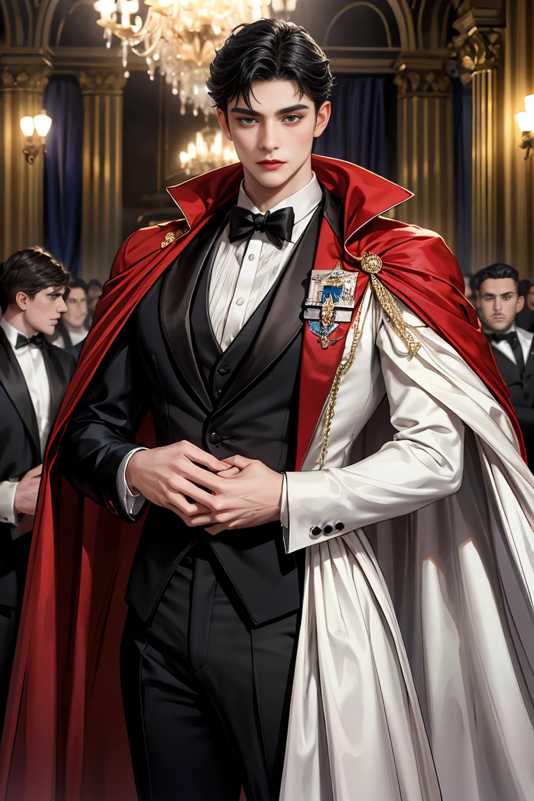 
masterpiece, 最high quality, high quality, 1 boy, alone, Male focus, Watching the audience,  Messy black hair, Adorable big blue eyes, White, Noble, Noble, Beautiful Vampire、Tuxedo、A very voluminous, large, very large, very large, long, long red and black cape with a high stand-up collar, made of a lot of fabric that reaches down to the floor., 17 years old,Cute beautiful boys,Cute, cute, kind, handsome guy