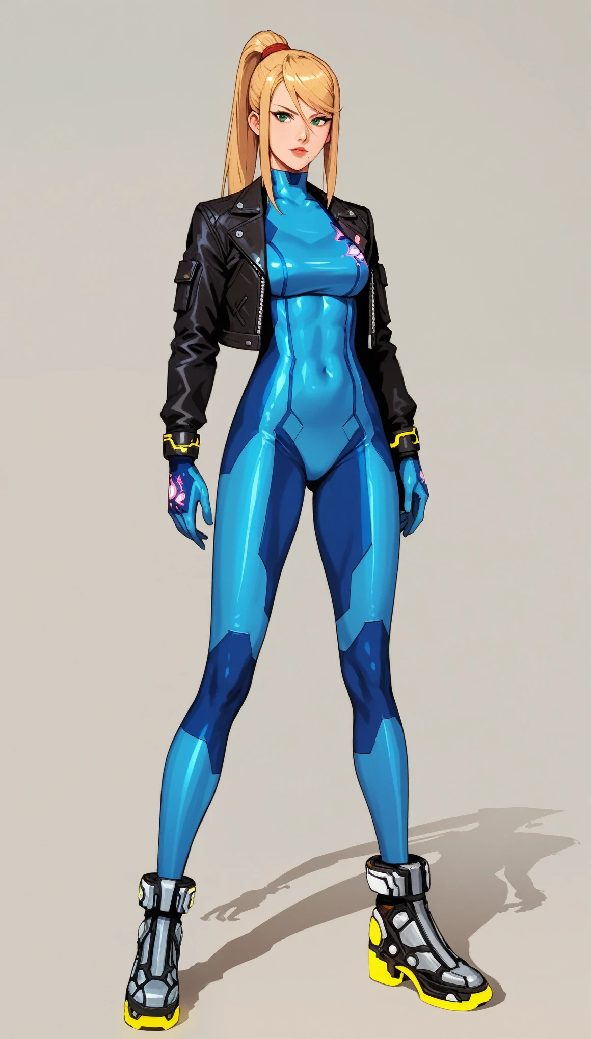 (best quality),female,Samus aran,blond hair,green eyes,zero suit,light blue body suit,Science fiction,ultra-detailed,sharp focus,aesthetic
score_9, score_8_up, score_7_up,source_anime,rating_safe,anime style, short leather jacket, simple background, plain backdrop , full body, black knee-high boots, black gloves