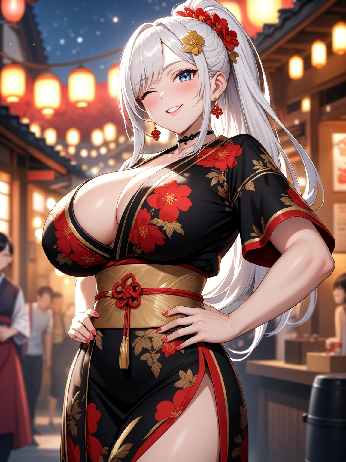 ((one personの女性)), Beautiful Face,Happy expression,Laugh embarrassedly,((Wink:2.0)),turn bright red,Glossy pink lips,French Nails,night,Shrine festival stalls,firework, ((Anime style background)),masterpiece, highest quality, so beautiful, Latest, Complex details, (Pink long nails),AI-generated, Complex,High resolution, highest quality, super high quality,3D Images、View your viewers、3D Images,one person,Long white hair,High Ponytail,blue eyes,Anime woman posing for a photo, [[Fine grain、Colorful eyes、Shining Eyes:1.15]],(Squint your eyes:1.1),a hyperRealistic , hyperRealistic , Realistic,Long haired white hair anime woman, Smooth anime CG art, A woman in a colorful kimono with gold embroidery, (Black kimono),Red floral pattern,Long flower hair ornament,Big earrings,Choker with charm,(Big Breasts:1.4),Mature Body,expensive,Big Ass,Fine details,Tight waist,Abdominal muscles,Tilt the background,Hands on hips,Stick your butt out