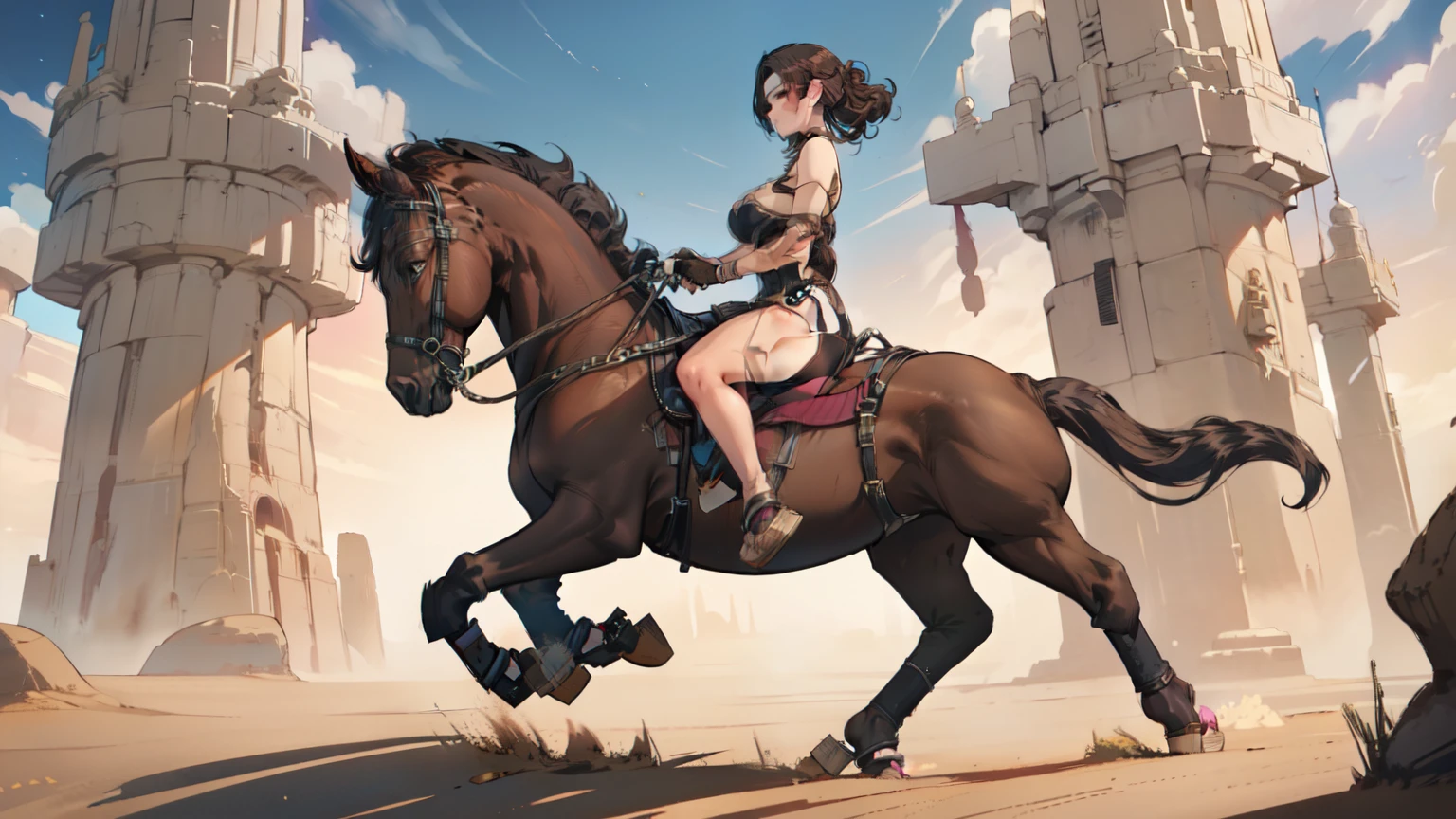 ((best quality)), ((anime masterpiece)), (high detailed), 8k, cinematic lighting, perfect face, large breast, cleavage, female dancer riding a BROWN HORSE, (pink dancer outfit, sandals), (brown horse, saddle, reins, bridle, stirups), solo, both hand holding rein, fantasy setting, on the desert, ((from side: 1.5)), anatomically correct