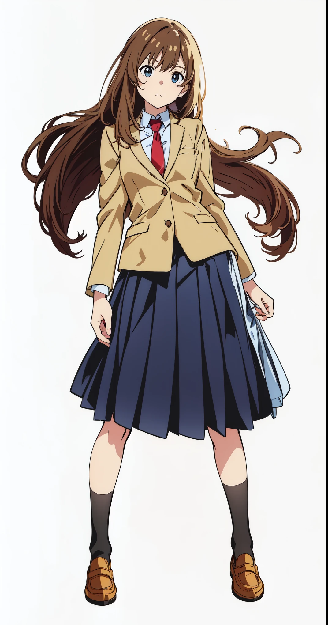 (white background:1.0), (best quality:1.0), (masterpiece:1.0), (super fine illustration:1.0), (beautiful artwork:1.0), (anime screencap:1.0), (official art:1.0), (full body:1.0), (solo:1.0), (HSGα:1.0), (a 18yo cute girl:1.0), (long skirt:1.2), (dark blue skirt:1.0), (pleated skirt:1.0), (school uniform beige blazer:1.0), (red necktie:1.0), (loafers:1.0), (black socks:1.0), (ideal ratio body proportions:1.2), (lanky:1.2), (tall:1.2), (slender:1.2), (small breasts:1.2), (smaller face:1.2), (tareme:1.0), (detailed beautiful eyes:1.0), (detailed beautiful face:1.0), (glowing black eyes:1.0), (long hair:1.0), (brown hair:1.0), (standing:1.0), (looking at viewer:1.0)