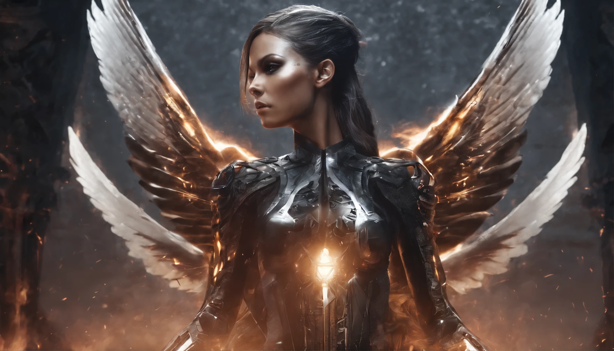 cosmic pretty Angel, evil, ponytail hairstyle, ultra realistic, detailed face, dirty face, dirty oiled body, dark hair, fire, inferno, sparks, burningl wings, Biomechanical, dark colors, Light particles, with light glowing, wallpaper art, UHD wallpaper, fire sparks, cinematic view, cinemativ perspektive, tattoo on arms,