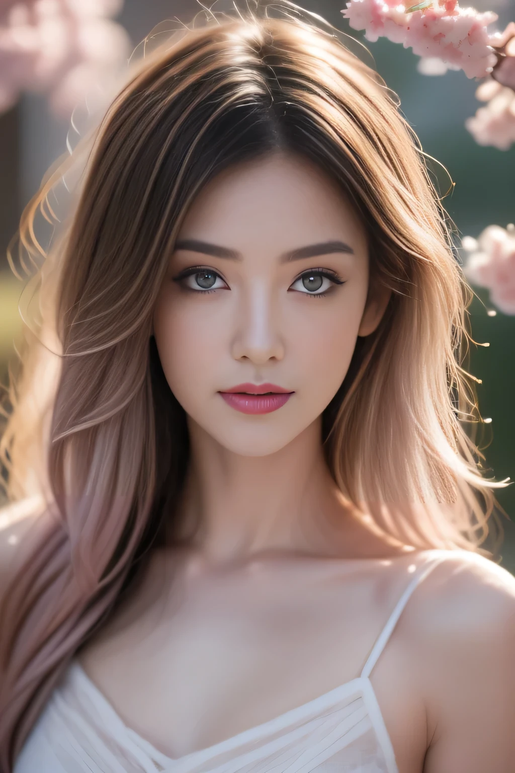 hair bobbles, wince, longeyelashes, solid circle eyes, light smile, ear blush, fang, ccurate, Surrealism, drop shadow, anaglyph, stereogram, tachi-e, pov, atmospheric perspective, 8k, super detail, best quality, award winning, super detail, anatomically correct, UHD, retina, masterpiece, textured skin, high details, best quality, highres, high quality, accurate,(1 girl:1.3), Solitary, (((Very rich facial details))),((Very detailed eyes and face))),(Full body portrait:1.5)Light pink hair, pink eyes, pink and white, Sakura Leaves, Vibrant colors, White Dress, Paint splatter, Simple background, Ray tracing, curls