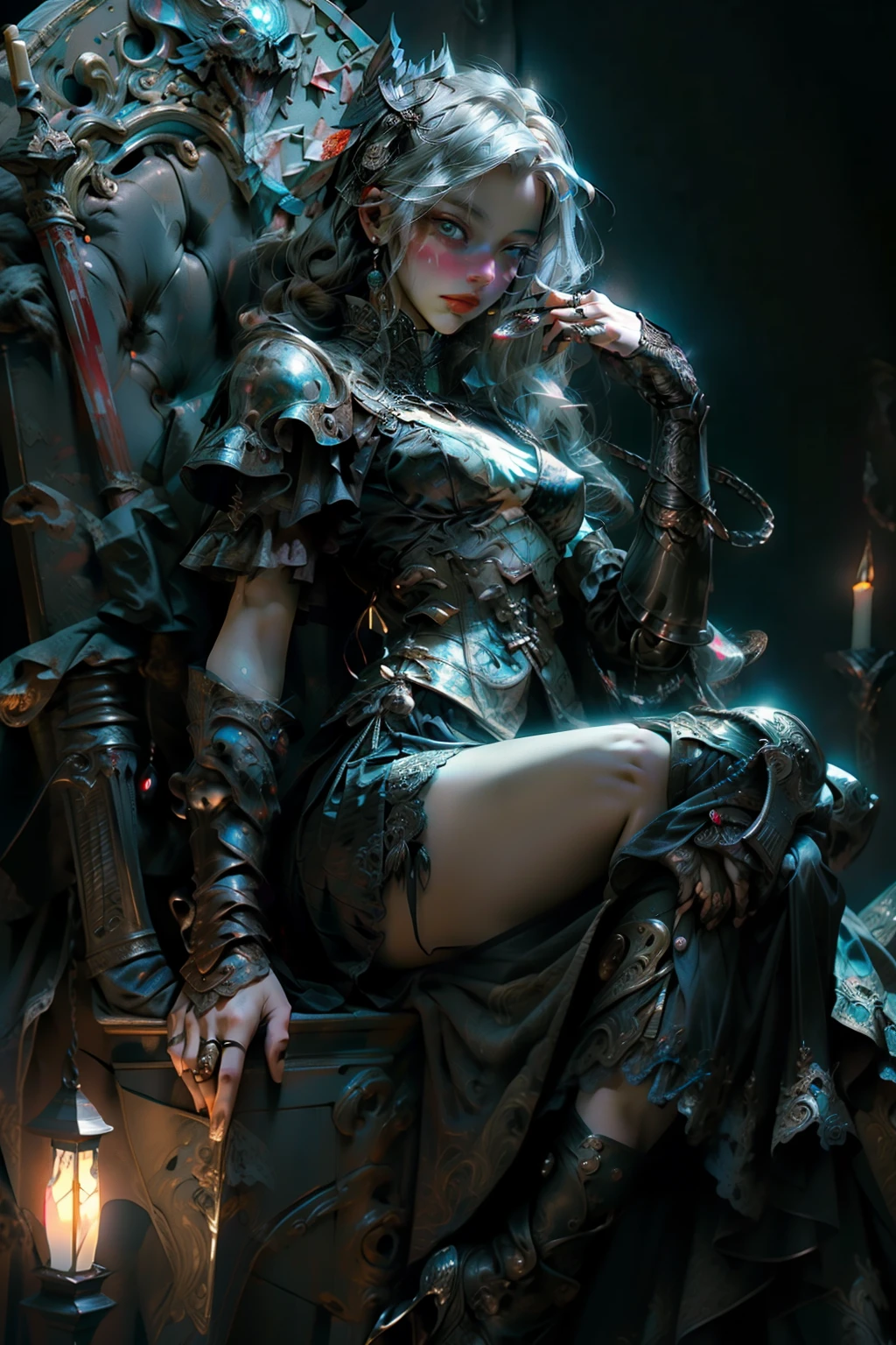 ((best quality)), ((masterpiece)), (detailed), an empty vacant throne, grand in scale and intricacy, blurring the lines between throne and shrine,  Bloodborne inspired,  occult aesthetic, occult, detailed and intricate steampunk and detailed gothic, NSFW, Very dramatic and cinematic lighting, cosmic horror, grim-dark, side-lighting, perfect face, a beaituful goddess valkyrie enshrined in armour, Bloodborne inspired valkyrie, occult aesthetic valkyrie, occult valkyrie, detailed and intricate steampunk and detailed gothic valkyrie, Fluttering lace flared long knee length dress with frilly petticoats, long dress, knee length dress, pleated petticoats, lolita dress, petticoats gothic lolita, side-lighting, NSFW, gothic lolita, beautiful small breasts, full body, whole body, body