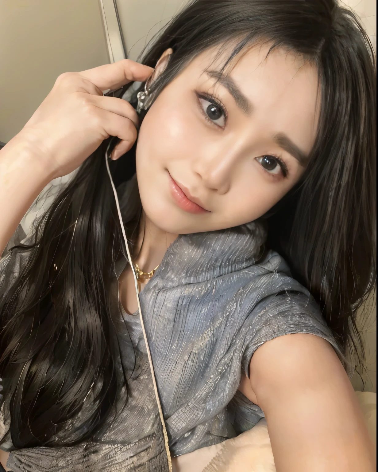 (masterpiece:1.3)、(8K、photo realistic、raw photo、top quality: 1.4)、Very reliably accurate、textured skin、((((1 woman、alone))))、((Shooting for just one person))、beautiful face、(realistic face)、Korean model(black hair、center division、long:1.3)、Chinese model(black hair、center division、long:1.3)、There is more Korean than Chinese、realistic eyes、Looks like real skin、beautiful details、beautiful skin、charming smile、ultra high resolution、(surreal)、anatomically correct、textured skin、Sharp jawline、perfect proportions 、((plump breasts))、necklace, Wear wired earphones,Wearing a black sweater,The fabric of the sweater is black.