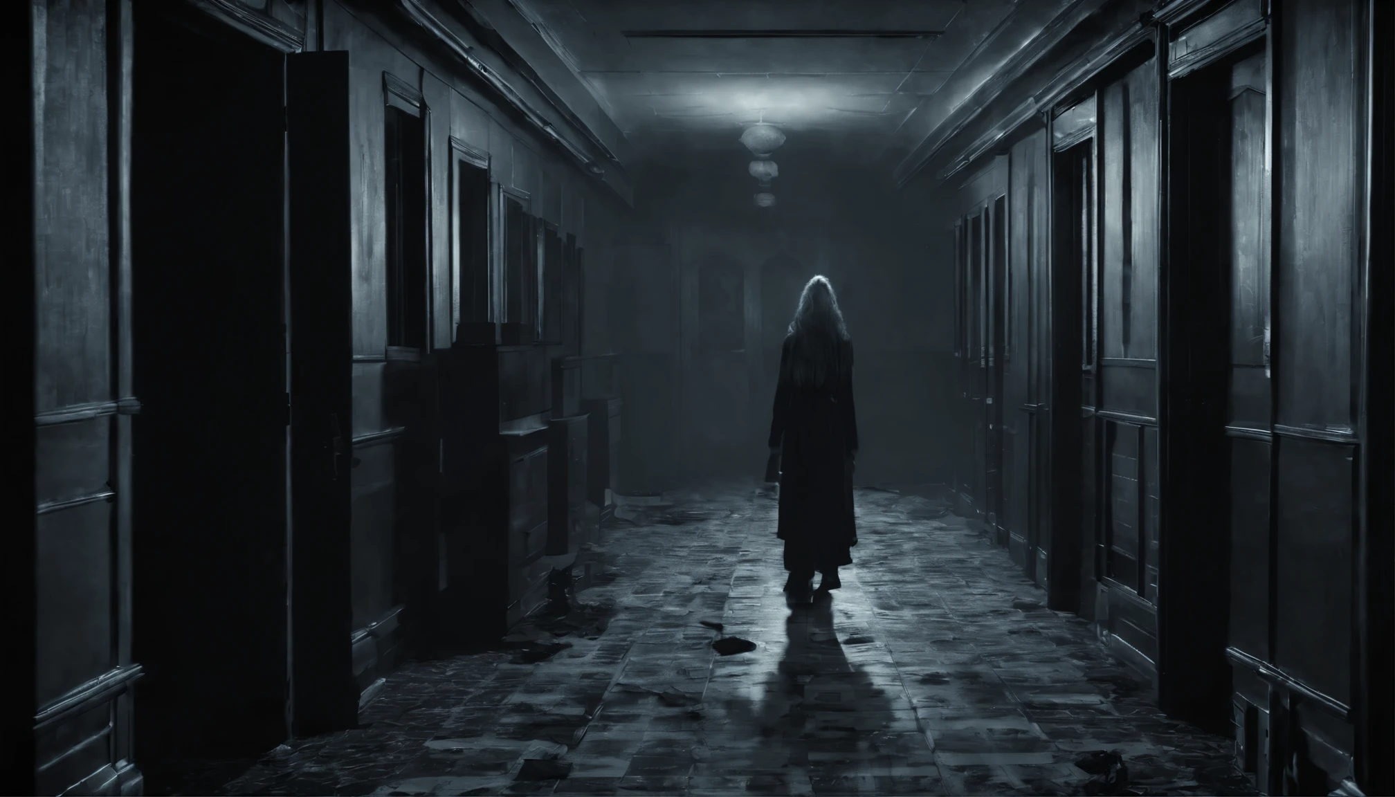 A woman was standing in a dark school hallway.，Terrified face facing the camera, Red light，atmospheric red lighting, Red and Cinematic Lighting, Cinematic red lighting, [ Horror game ], author：Shitao, Scary movie lighting, Atmospheric red effect, Atmospheric artwork, Ominous demonic aura, Lovecraftian Horror, Detailed 4K horror artwork, Dark smell :: Sports