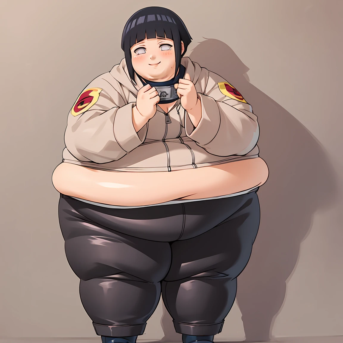 standing, shy, smile, blush, solo, 1girl, very obese hyuuga hinata, big thick thighs, Slob body, black hair, short hair, white eyes, no pupils, small breats, black pants, jacket, hands in face, ultra detailed, masterpiece, best quality, aesthetic, detailed