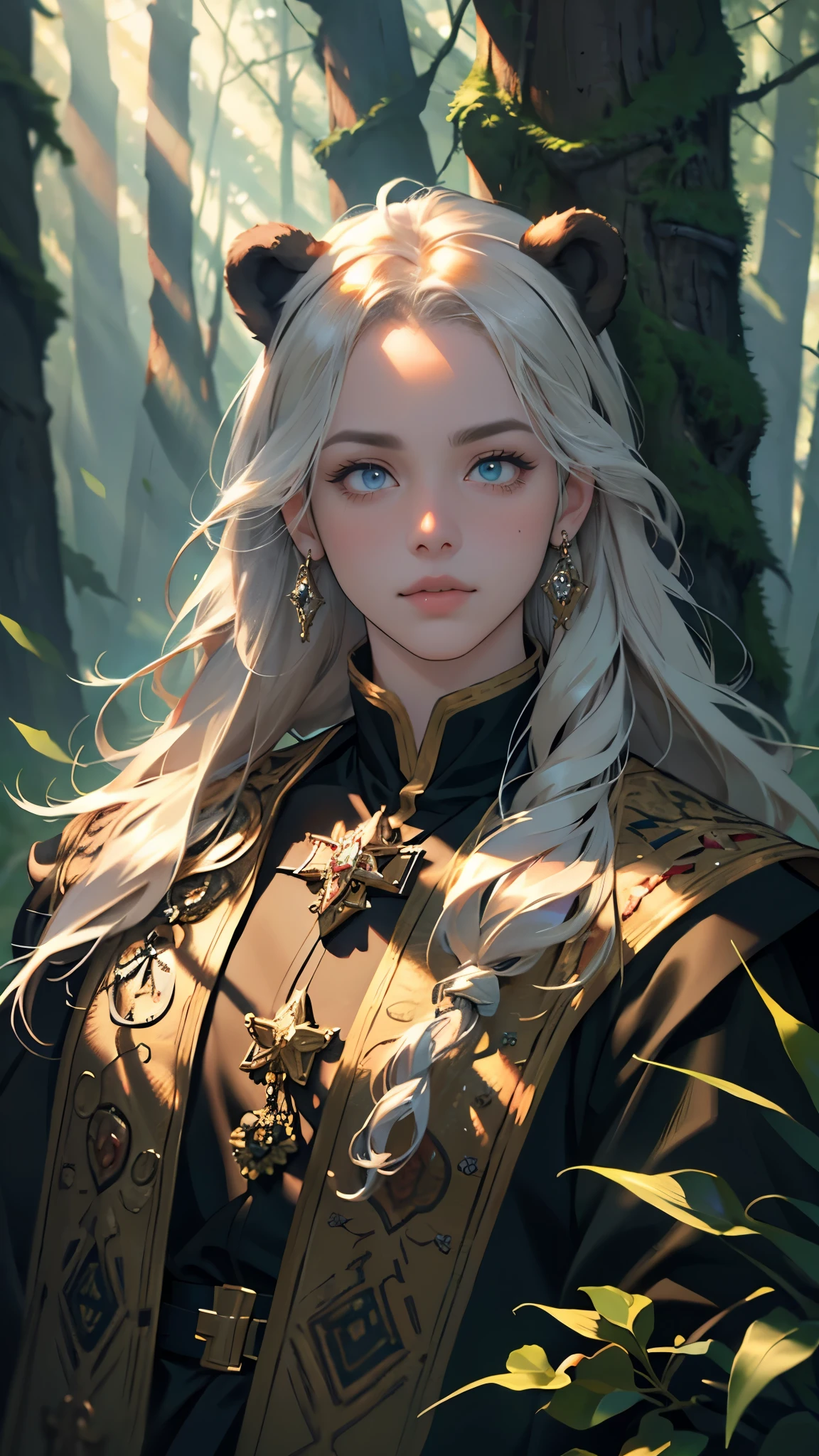 masterpiece, ultra detailed, 8K Portrait, Raw photo, a portrait photo of bear, Highly detailed face, beautiful and meticulous eyes, ((Fantasy)), little bear, animal, Midday Sun, Hyper realistic, in a medieval forest, Ambient lighting, Shadow details , strong breeze, Light fog