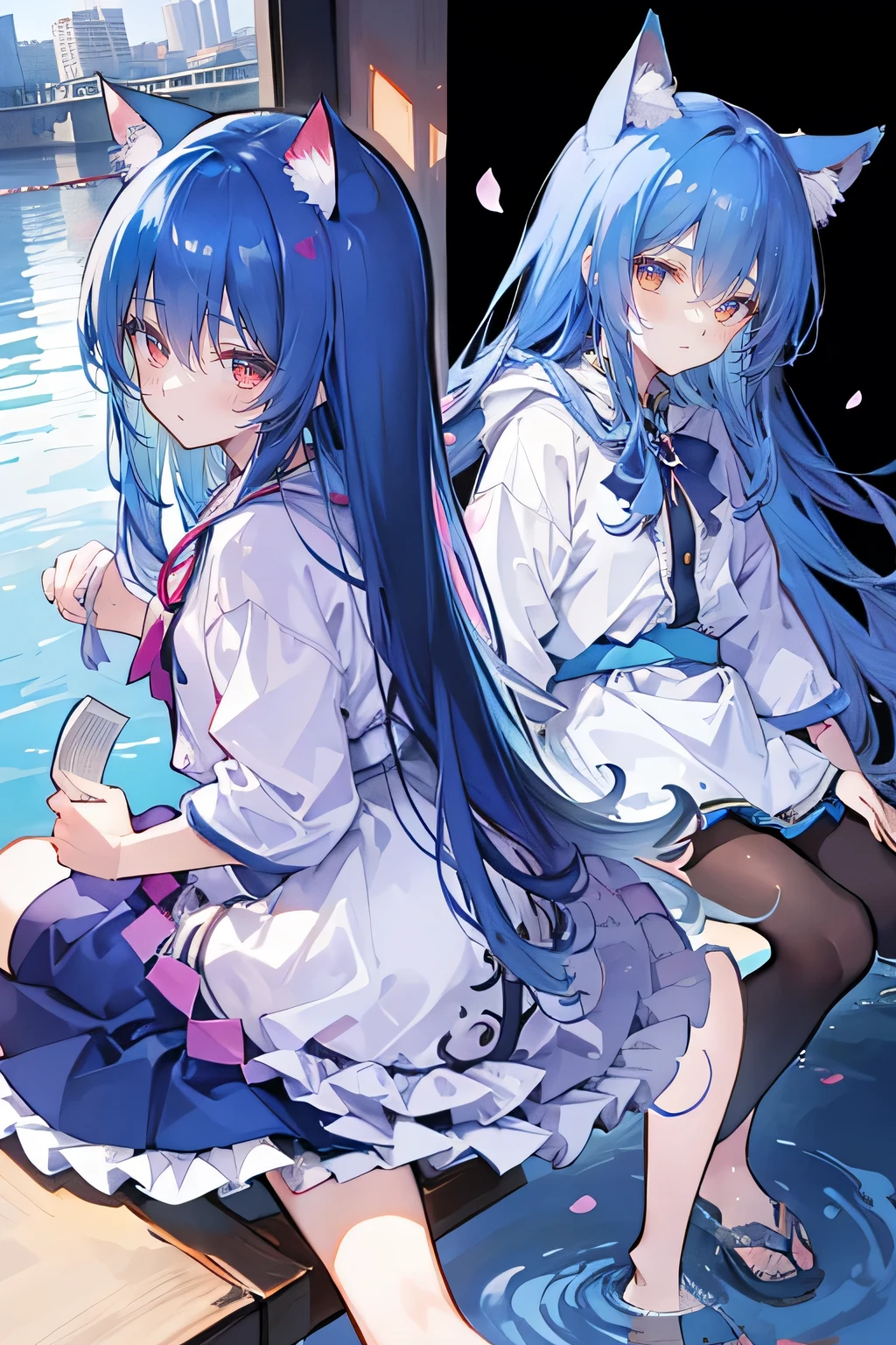 （masterpiece：1.2），Super detailed，lifelike，Expressive eyes，fair skin，perfect face shape，1 girl，
Japanese comics,Gorgeous blue hair,flowing blue hair,flowing clothes,Cat ears,Petals fall,beautiful lola,Baby Angel,
Shaking head with one hand，Cross your legs，Gentle and peaceful background，The pavilion is cool and comfortable,smile, wearing hoodie, background of tokyo,back views,snowing, winter,lie on the water.