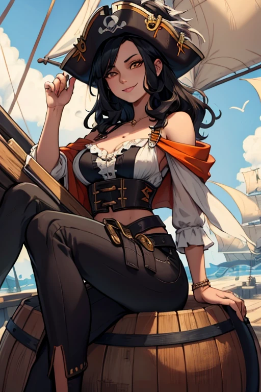 black haired woman with orange eyes and a figure in a pirate outfit is smiling while sitting on a  barrel on a pirate ship