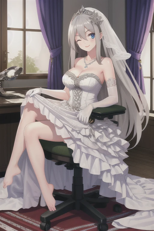 ((masterpiece)),(((best quality))),((ultra-detailed)),((illustration)),((disheveled hair)),((frills)),(1 girl),(solo),Trailing wedding dress,bridal veil,bride,cleavage,silk gloves,necklace,pearl necklace,sapphire (gemstone),shiny,shiny hair,skirt hold,skirt lift,skirt pull,strapless,strapless dress,white dress,blue eyes,breasts,chair,closed mouth,clothing,curtains,day,desk,drawer,eyelashes,feet,female,full body,hair between eyes,headwear,indoors,lipstick,long hair,looking at viewer,makeup,medium breasts,no shoes,office chair,one eye closed,shadow,sitting,smile,soles,spread legs,sunlight,toes,window,wink,lens flare,Bare legs,gray hair,lexington \(warship girls r\),