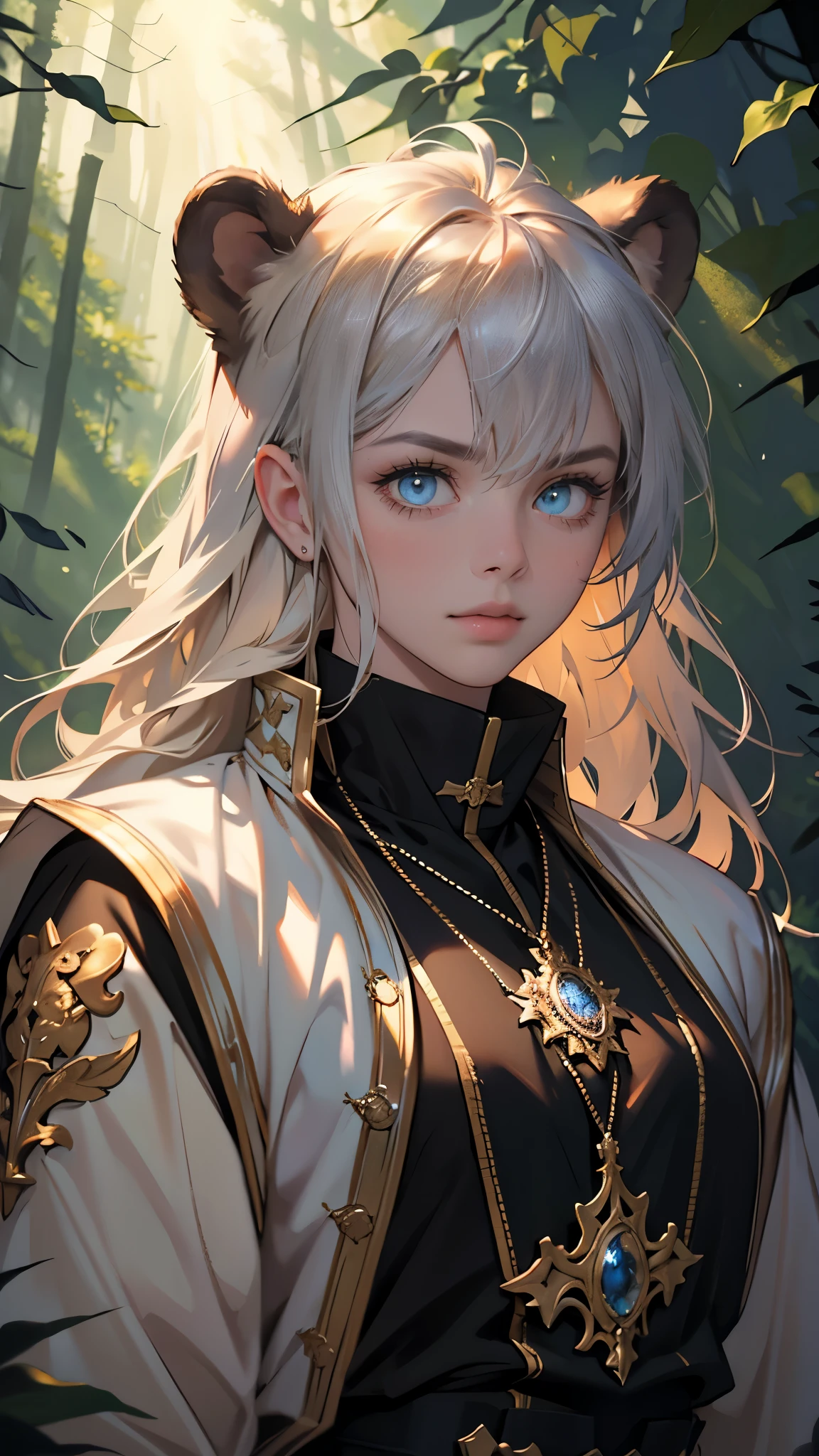 masterpiece, ultra detailed, 8K Portrait, Raw photo, a portrait photo of bear, Highly detailed face, beautiful and meticulous eyes, ((Fantasy)), little bear, animal, Midday Sun, Hyper realistic, in a medieval forest, Ambient lighting, Shadow details , strong breeze, Light fog