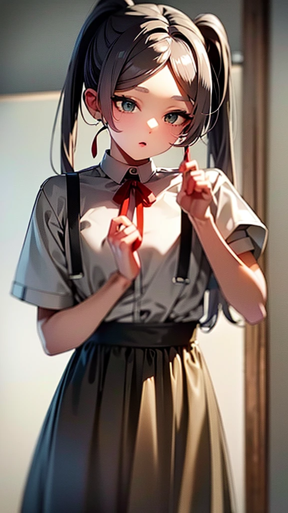adulto, Cabello negro ondulado, mirada penetrante con ojos profundos de color rojo, estatura promedio, Silky hair with a ponytail hairstyle collected with a red bow with two white lines, tiene pechos medianos, primer plano, session, standing in the middle of his room [[[Risa malvada]]] , Sonrojada, muslos grandes, maid, sirvienta  