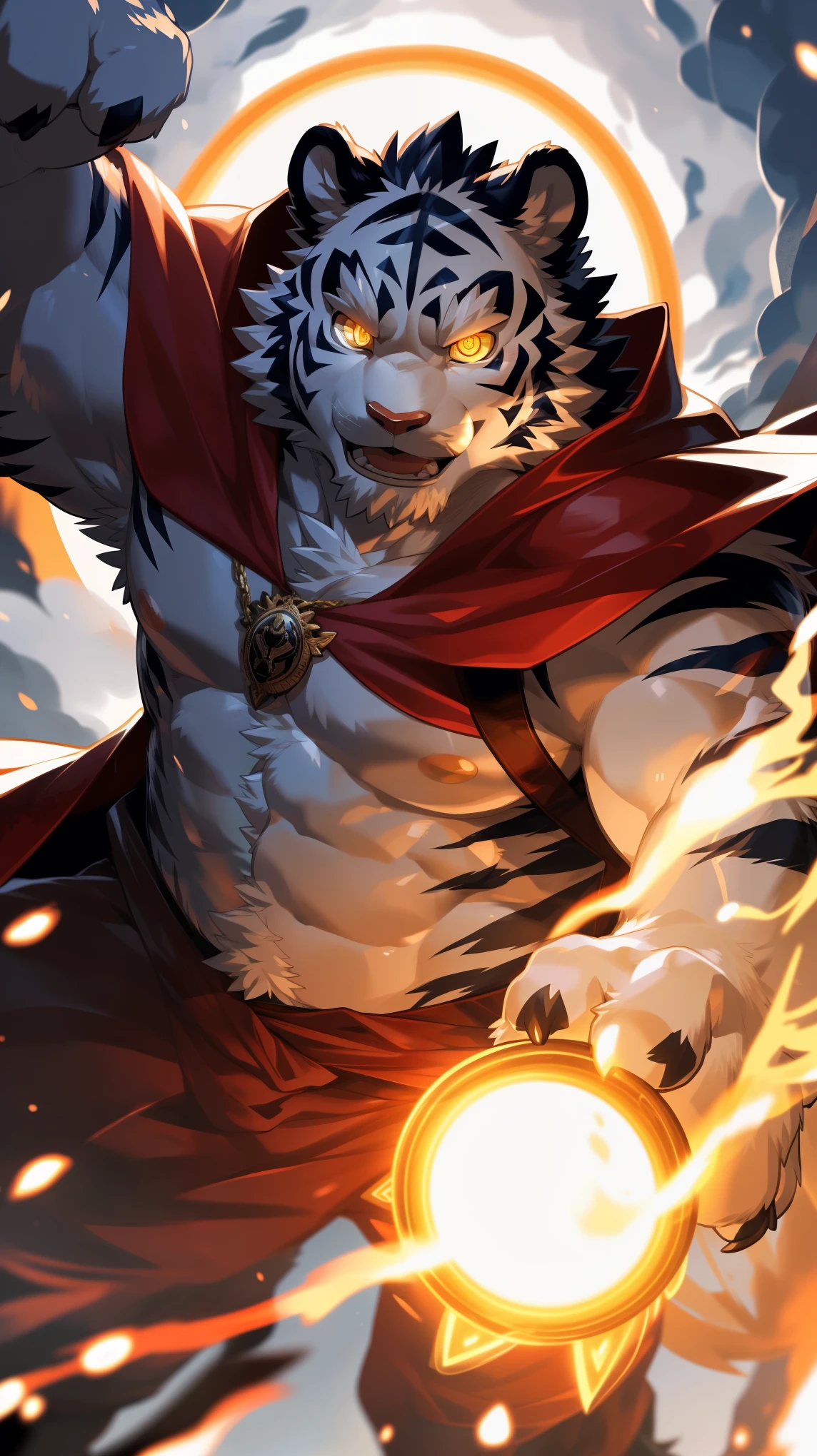 (Dynamic poses:1.6), (ultra deTailed), Clear focus, Niji, Eye contact, (glowing golden pupils:1.4), hairy, (Black fur:1.3), White Stripes, anthropology (Tiger), male, middle aged, White belly, Tail, muscular, (knight clothing, Cherry red long cape), ultra deTailed face, high deTails, high quality, (best quality, 4k, 8K, High resolution, masterpiece:1.2), Bright colors, (close up:1.5), author：Takemoto Arashi, By Camille, From milkytiger1145, by 69panda, Dark Souls boss style, Energy explodes around the body, (Golden Halo:1.3), Bloodstained, Dynamic Lighting, Ominous atmosphere, Eerie fog, The existence of threats, Full of horror atmosphere, Dark and Tortured Souls, (enchanted deTail of colors), 8K wallpaper, yang08K, Looking at the audience with fierce eyes