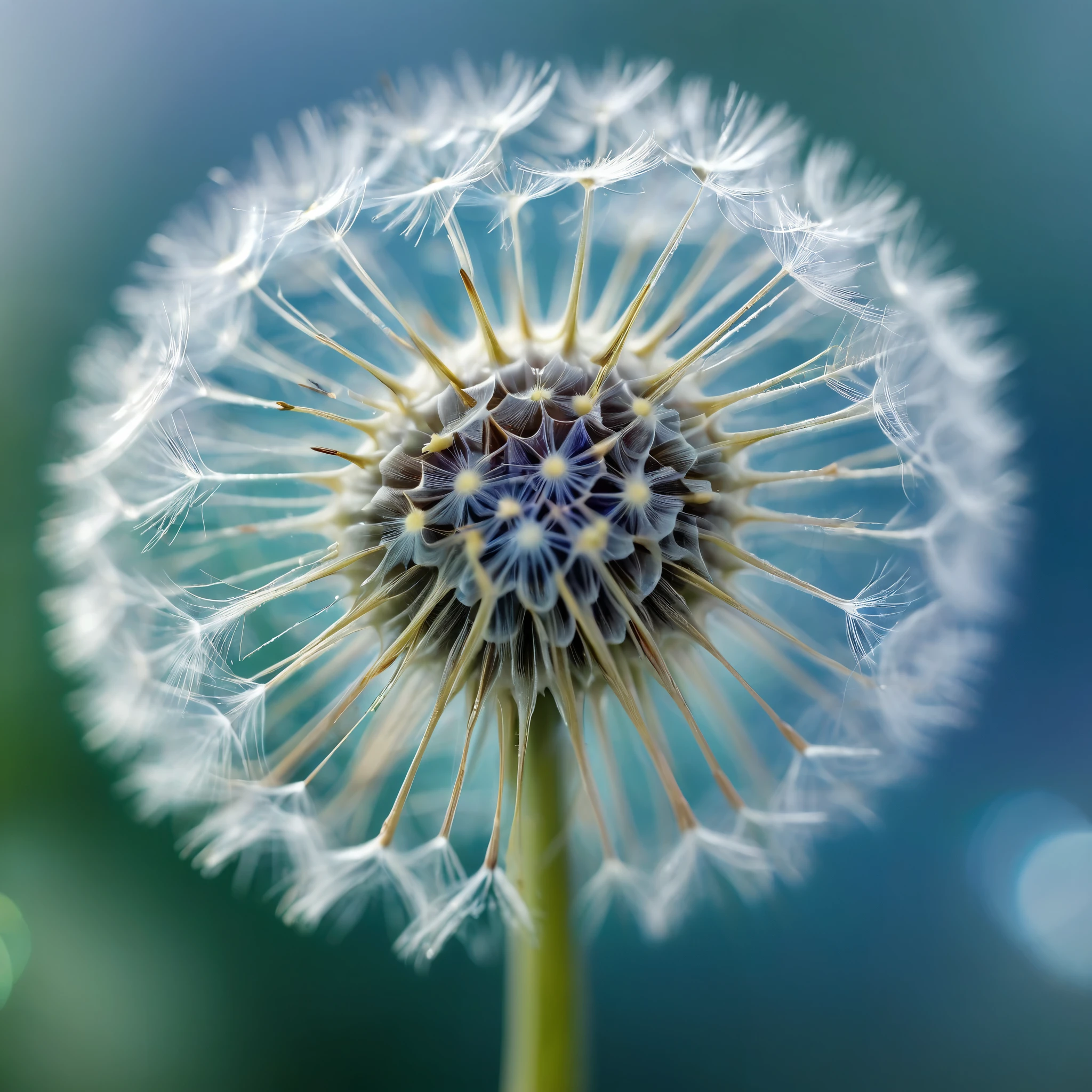 A highly detailed macro photograph of a dandelion seed head (Taraxacum) with delicate, feathery structures. The image captures the intricate, wispy seeds with fine, translucent filaments radiating from a central point. The background is a blurred bokeh effect with a gradient of deep blue and violet hues, giving a dreamy and ethereal atmosphere. The lighting highlights the fragile and airy nature of the seeds, with soft light illuminating the filaments, creating a subtle glow and casting gentle shadows. The overall composition is centered with a close-up focus on the seeds, emphasizing their texture and intricate patterns.