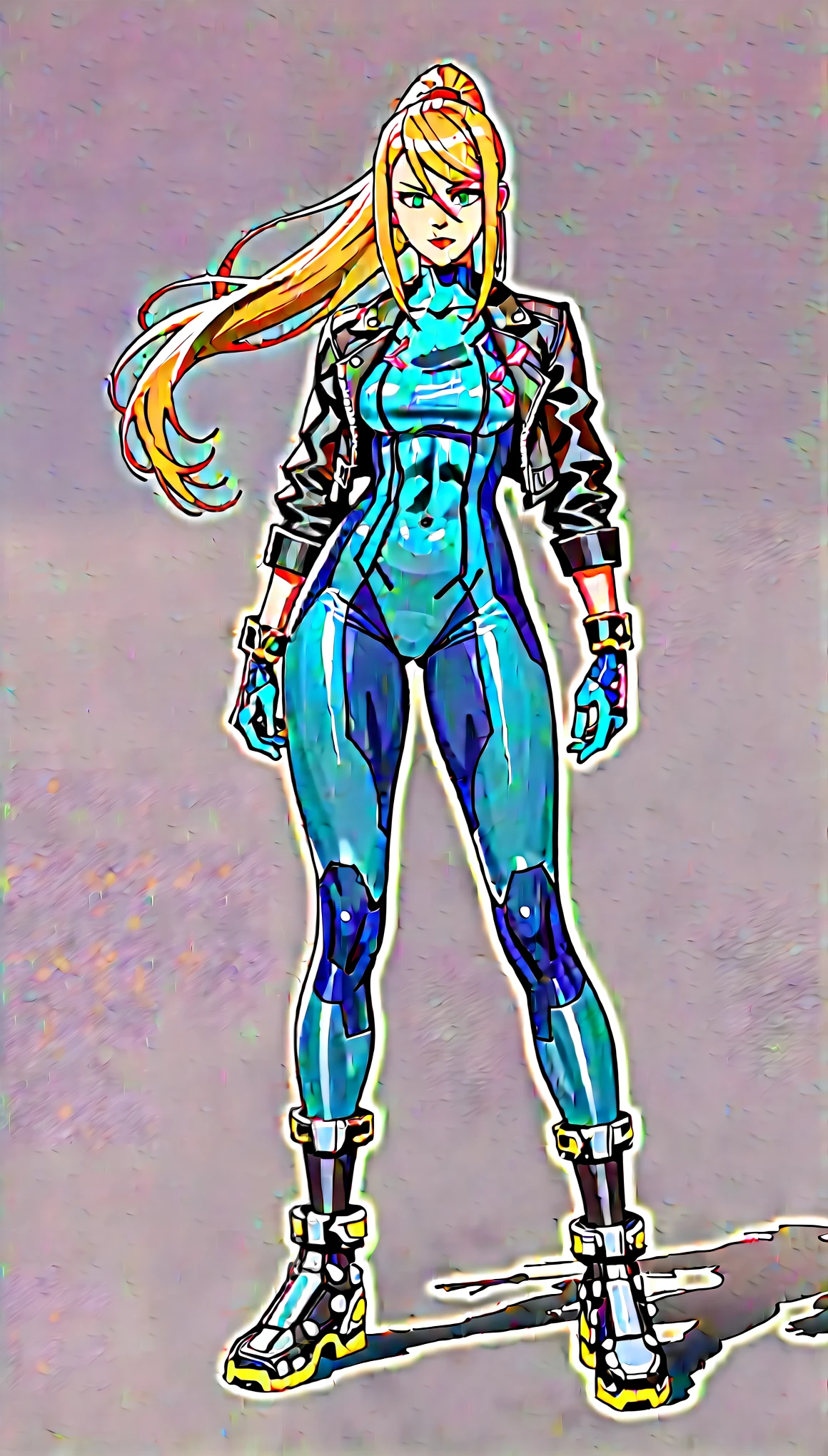 (best quality),female,Samus aran,blond hair,green eyes,zero suit,light blue body suit,Science fiction,ultra-detailed,sharp focus,aesthetic
score_9, score_8_up, score_7_up,source_anime,rating_safe,anime style, short leather jacket, simple background, plain backdrop , full body, black knee-high tight leather boots, black gloves