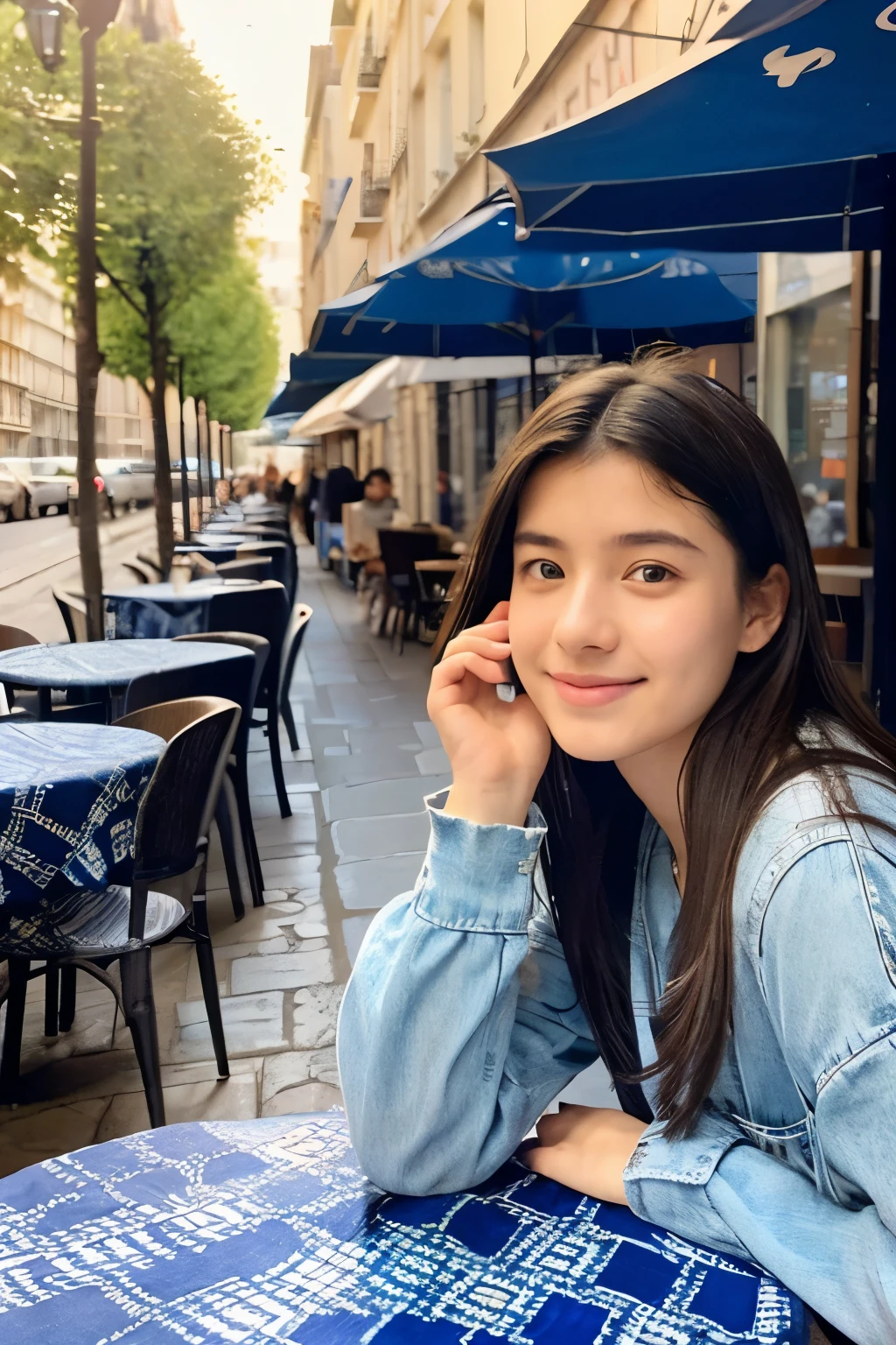 Mood photo for advertising, a 16 yo girl sitting at a coffee table with blue-white-patched table cloth, outside of sidewalk cafe, frontal shot of exterior, Close-up selfie, besides cobblestone pavement, in paris, enjoying cup of cuppaccino, morning sunshine from window, photorealistic, selfie 