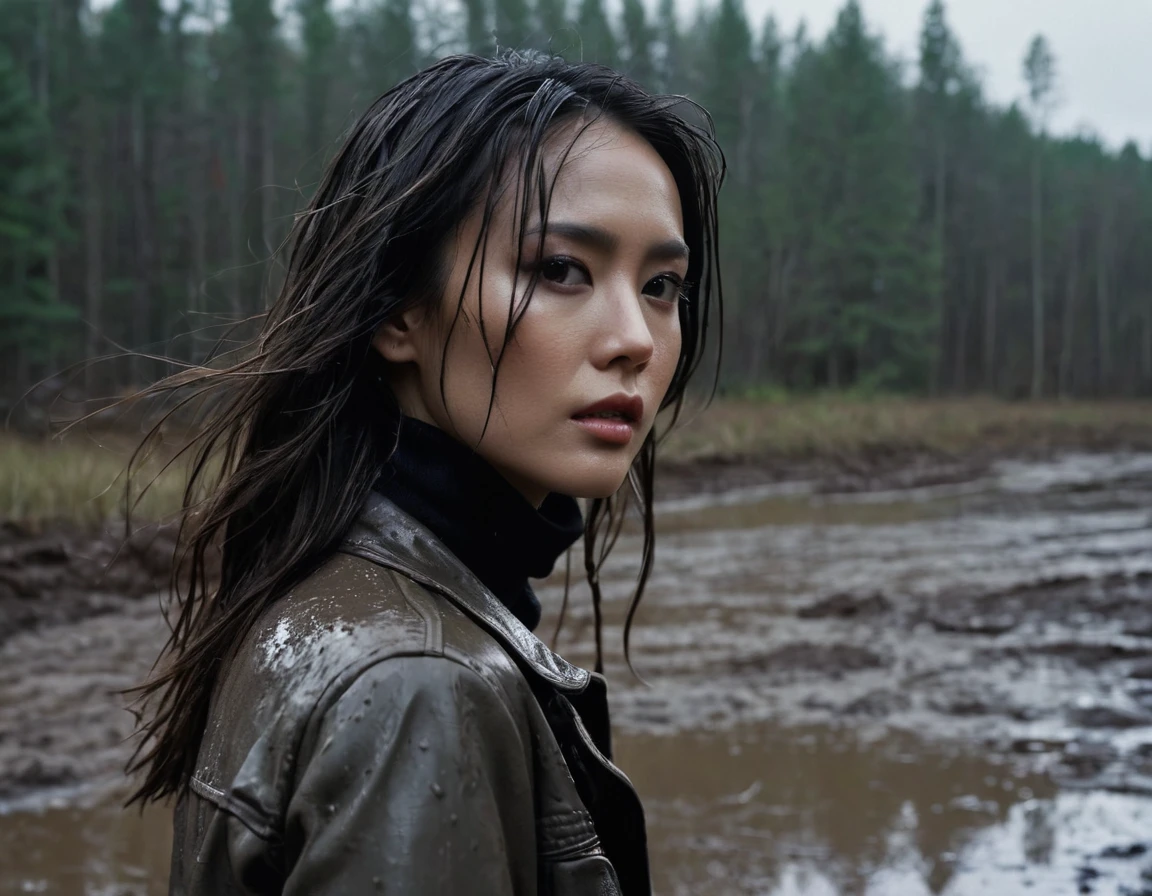 8k, ultra-detailed, grainy film photo, masterpiece,muted colors, muffled light, dark dusk:1.1, rainy, moody:1.1, dark noir:1.2,faded muddy leather jacket, turtleneck, mud covered face, looking towards,woman drowning in forest mud bog, beautiful long brunette hair, depraved,asian:0.5fetishistic makeup,beige, brown, red, from side view