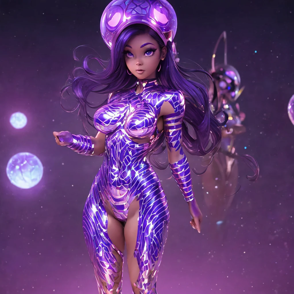 The alien princess (lovely woman, purple skin, sexy metallic outfit, 50s scifi bubble helmet, utility belt with blinking lights) is approaching a earth woman asking where the men are, beach, night