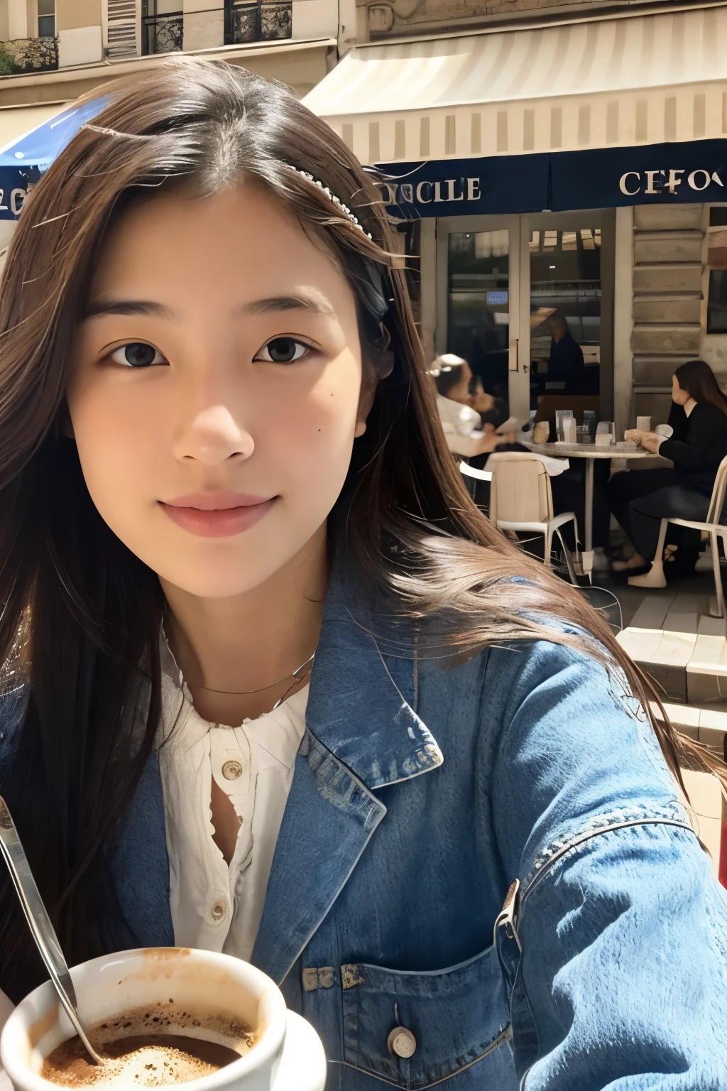 Mood photo for advertising, a girl sitting at a coffee table with blue-white-patched table cloth, outside of sidewalk cafe, frontal shot of exterior, Close-up selfie, besides cobblestone pavement, in paris, enjoying cup of cuppaccino, morning sunshine from window, photorealistic, selfie