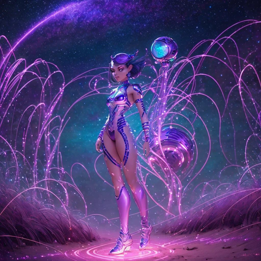 a breathtakingly beautiful alien princess, purple skin, gorgeous metallic outfit, 50s scifi bubble helmet, utility belt with blinking lights, approaching an earth woman on a beach at night, asking where the men are, photorealistic, hyper detailed, cinematic lighting, neon colors, glowing effects, masterpiece, 8k, ultra-detailed