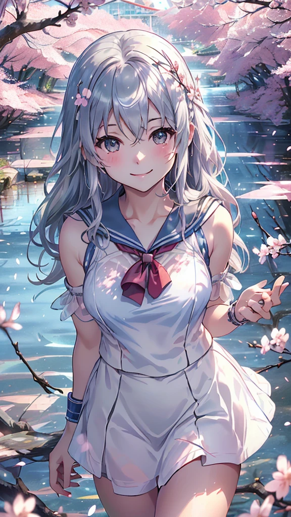 最high quality、best image quality、masterpiece、girl((18-year-old、 By becoming、vest bust、medium bust,wide open breast tea、shining eyes, silver hair、long hair、thin,highest valley、white see-through sailor suit、White short skirt、Wristband、smile、Leaning forward)),high quality、beautiful art、background((SakuraFubuki、Falling cherry blossoms、Cherry tree、beautiful park、square、Cherry Meadow、Wind))、Flight、debris flies、Depth of written boundary、movie、visual art、perfect art、8K,genuine、