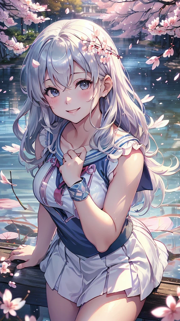 最high quality、best image quality、masterpiece、girl((18-year-old、 By becoming、vest bust、medium bust,wide open breast tea、shining eyes, silver hair、long hair、thin,highest valley、white see-through sailor suit、White short skirt、Wristband、smile、Leaning forward)),high quality、beautiful art、background((SakuraFubuki、Falling cherry blossoms、Cherry tree、beautiful park、square、Cherry Meadow、Wind))、Flight、debris flies、Depth of written boundary、movie、visual art、perfect art、8K,genuine、