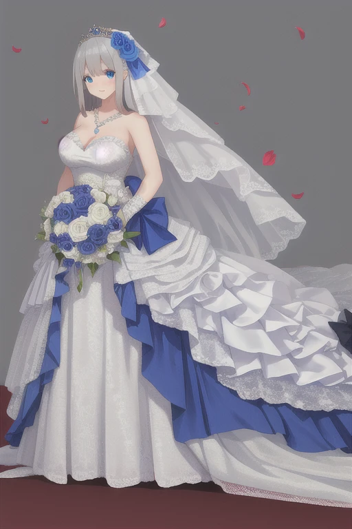 (((Best quality))),((Ultra-detailed)),((illustration)),((Disheveled hair)),((frilld)),(1 girl),(Solo),1girl,
1girl,
blue bow,
blue eyes,
blue flower,
blue ribbon,
blue rose,
bouquet,
breasts,
dress,
flower,
gradient,
gradient background,
grey background,
jewelry,
long hair,
necklace,
petals,
rose,
solo,
veil,
wedding dress,
white dress,
lexington \(warship girls r\),
gray hair,
long dress,
full body,